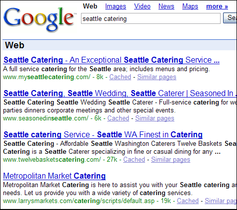 Seattle Catering SERPs at Google