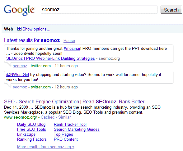 Real-Time Search Results for SEOmoz at Google