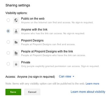 Sharing Options on Google Docs